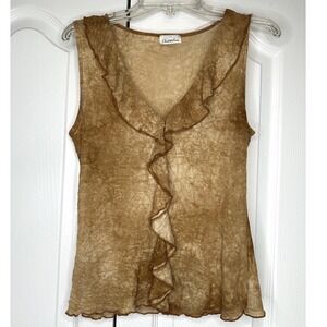 Charlotte Russe Y2K Brown Tie Dye Sheer‎ Mesh Ruffle V Neck Top Whimsigoth
